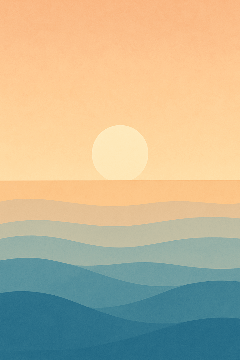 A stylised digital seascape showing the sun rising above a calm ocean horizon, with soft gold, coral, and cream tones evoking gentle awakening and renewal.