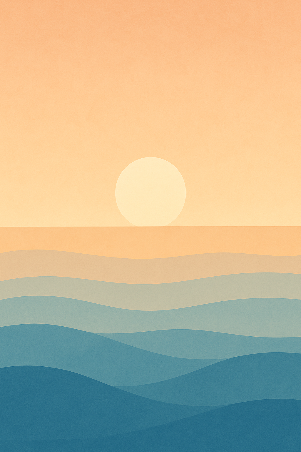 A stylised digital seascape showing the sun rising above a calm ocean horizon, with soft gold, coral, and cream tones evoking gentle awakening and renewal.