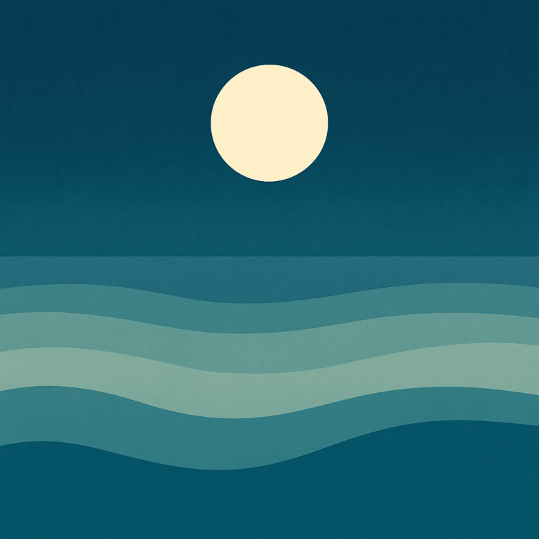 Stylised digital artwork of a pale full moon rising into a teal night sky above gently layered sea waves. Symbolic of quiet progress, rebuilding, and emotional steadiness.