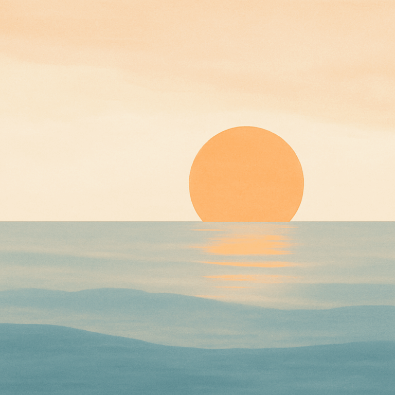 Sun rising over a calm sea in soft apricot tones — symbolising new beginnings and quiet strength.