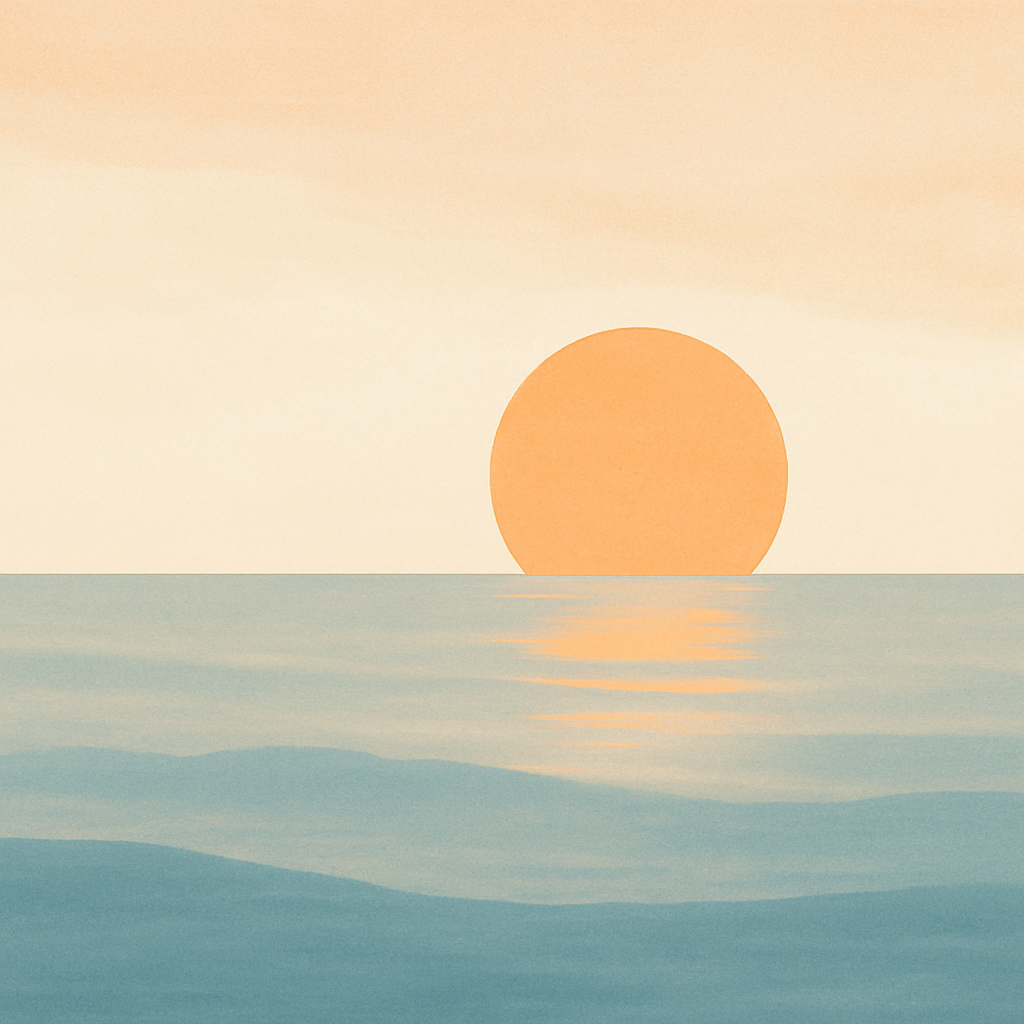 Sun rising over a calm sea in soft apricot tones — symbolising new beginnings and quiet strength.