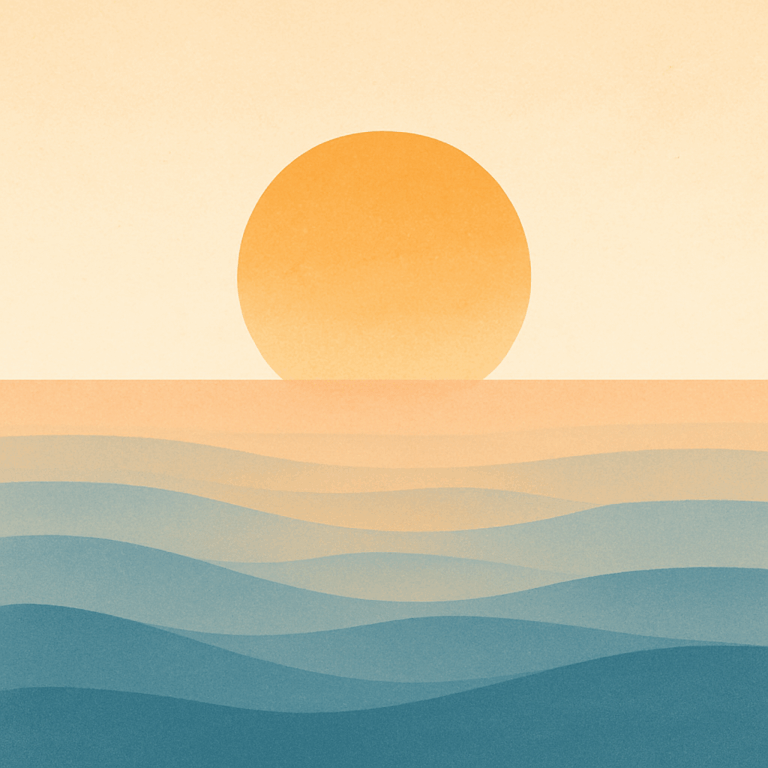 Sun rising over layered blue and apricot waves — symbolising reflection, movement, and a gentle path forward