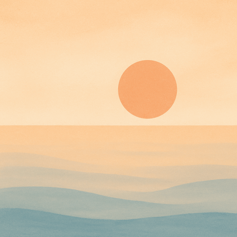 Soft orange sun fully risen above a calm sea — symbolising steady progress, clarity, and sustainable change