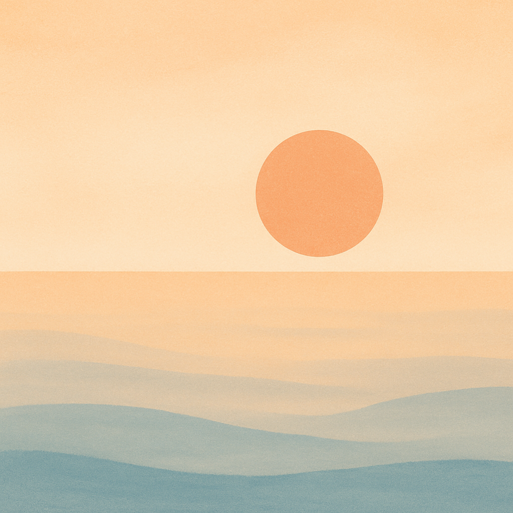 Soft orange sun fully risen above a calm sea — symbolising steady progress, clarity, and sustainable change