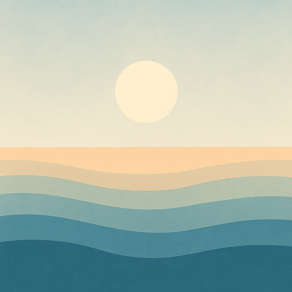 A minimalist digital illustration of a calm sea under soft mid-morning light, with gentle aqua and sunlit tones symbolising renewal, clarity, and quiet nourishment.