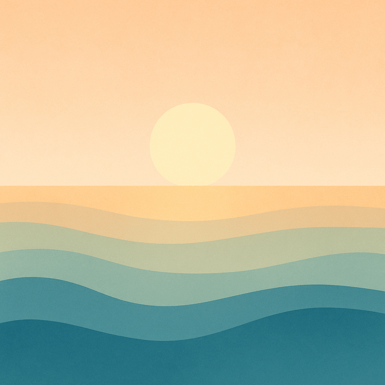 A minimalist digital illustration of a calm sea beneath a warm early afternoon sun, with layered golden, sage, and teal tones symbolising steadiness, integration, and gentle rhythm.