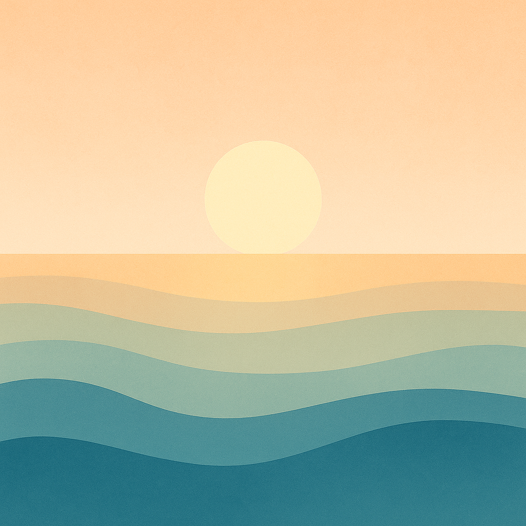 A minimalist digital illustration of a calm sea beneath a warm early afternoon sun, with layered golden, sage, and teal tones symbolising steadiness, integration, and gentle rhythm.