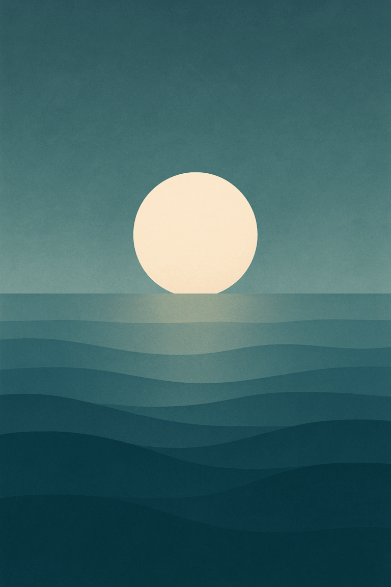 Abstract image of a pale full moon rising or setting over soft teal ocean waves, evoking a sense of calm, rhythm, and emotional ebb and flow.