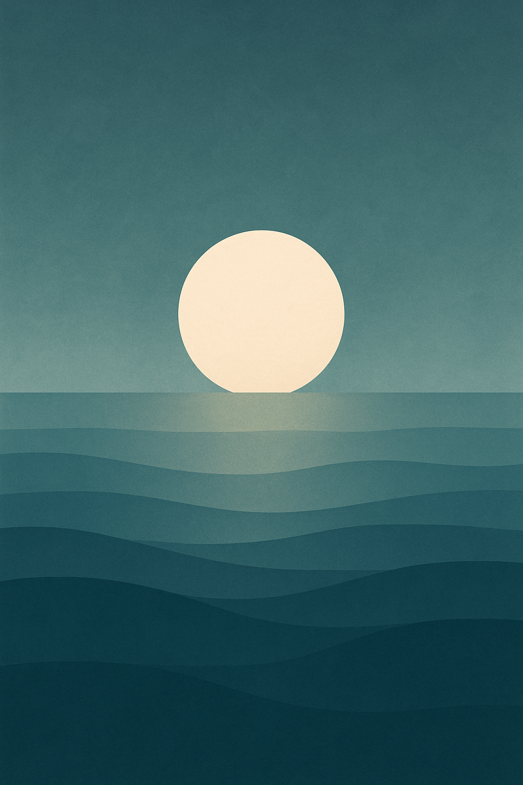 Abstract image of a pale full moon rising or setting over soft teal ocean waves, evoking a sense of calm, rhythm, and emotional ebb and flow.