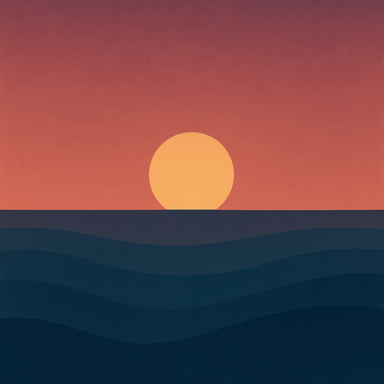 A minimalist illustration of a golden sun setting over dark blue ocean waves, with a deep orange and rose-hued sky.