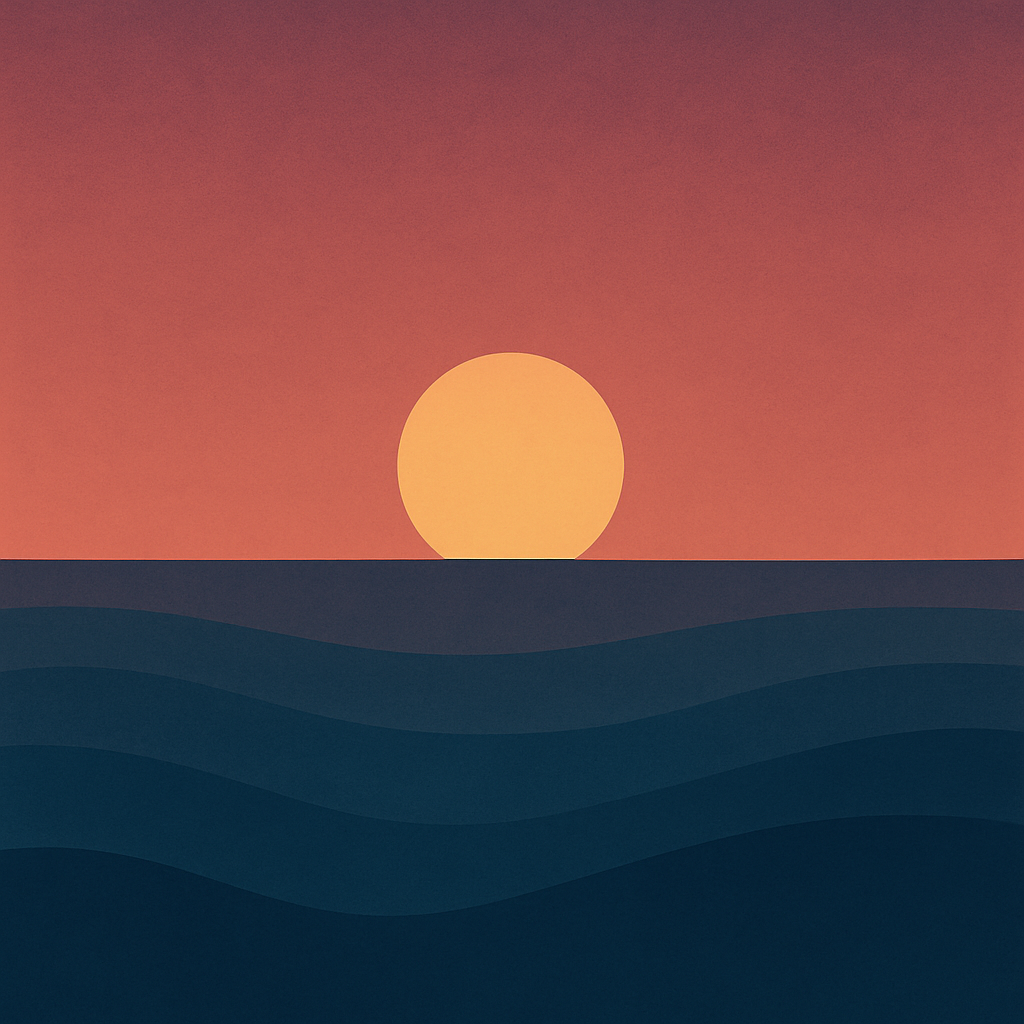 A minimalist illustration of a golden sun setting over dark blue ocean waves, with a deep orange and rose-hued sky.