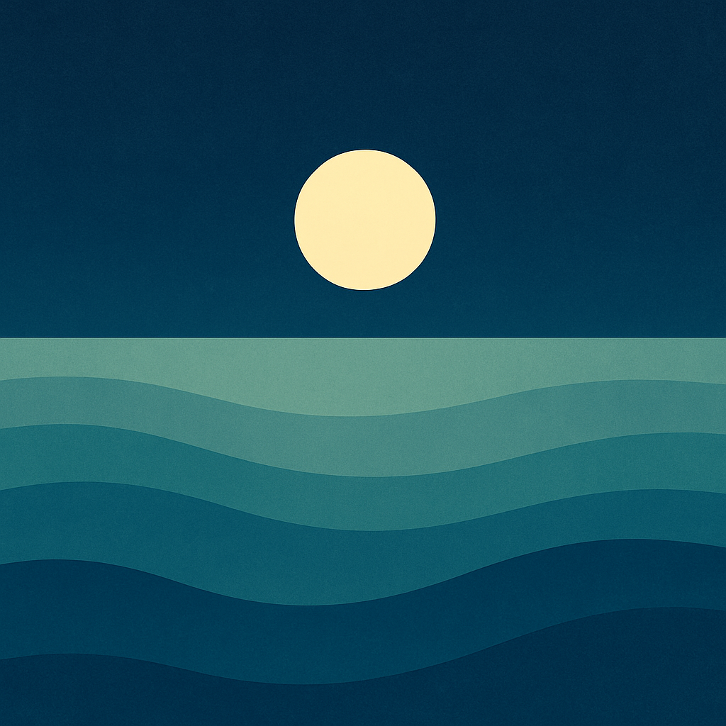A minimalist illustration of a full moon glowing over gentle, layered ocean waves under a deep blue night sky. Offers a calm view for reflection.