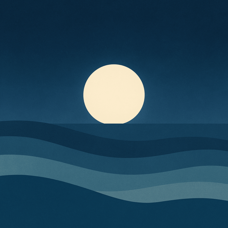 Minimalist artwork of a large pale moon over deep, layered blue waves beneath a darkening sky. Symbolic of reflection, perspective, and emotional depth.