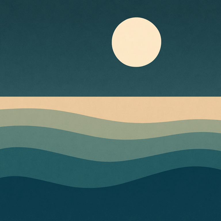 Abstract graphic of a large pale moon above layered green and blue waves, with a soft beige horizon dividing sea and sky. Symbolic of quiet reconnection, healing, and emotional integration.