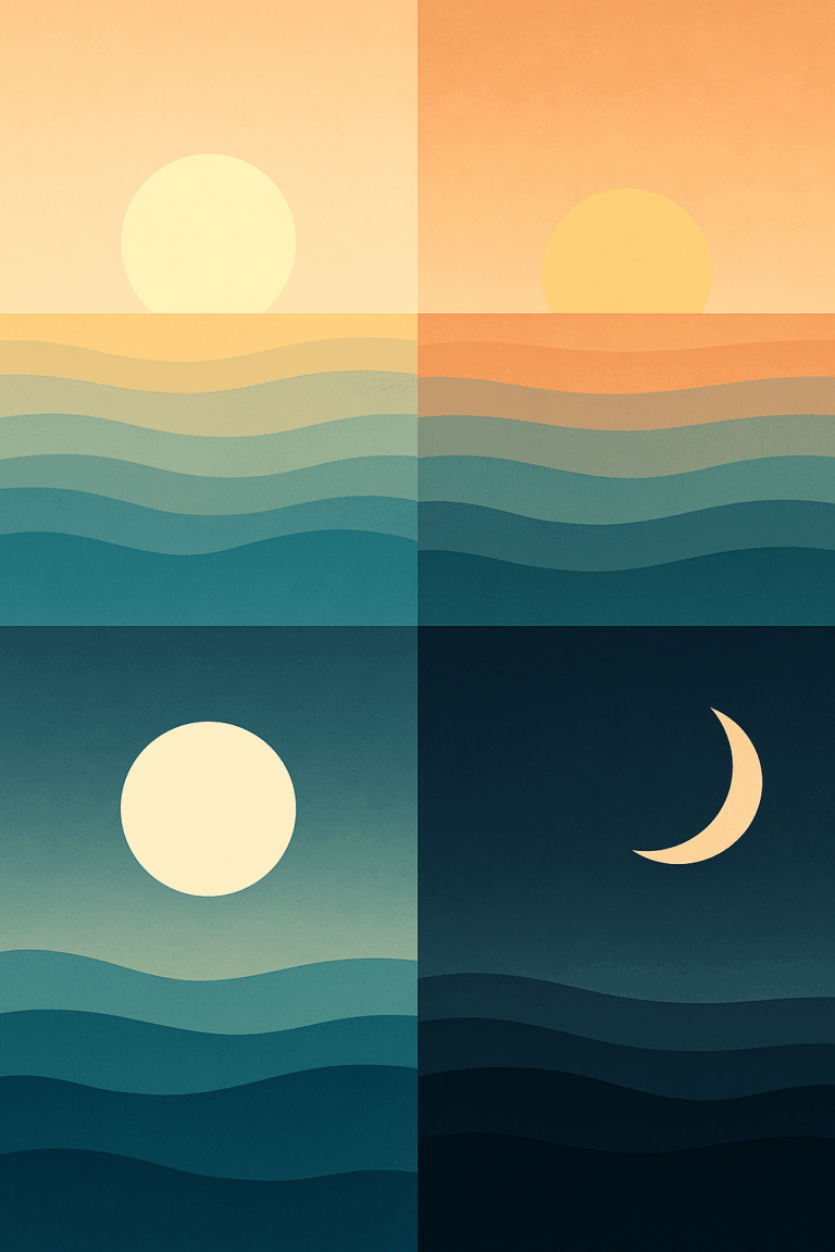 A four-part minimalist artwork showing a full sun, sunset, full moon, and crescent moon over stylized ocean waves — transitioning from warm daylight to deep night tones.