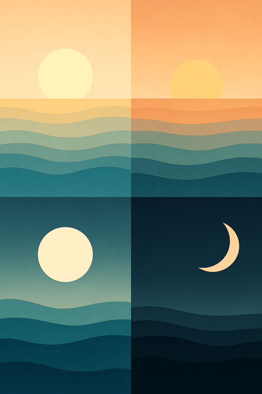 A four-part minimalist artwork showing a full sun, sunset, full moon, and crescent moon over stylized ocean waves — transitioning from warm daylight to deep night tones.