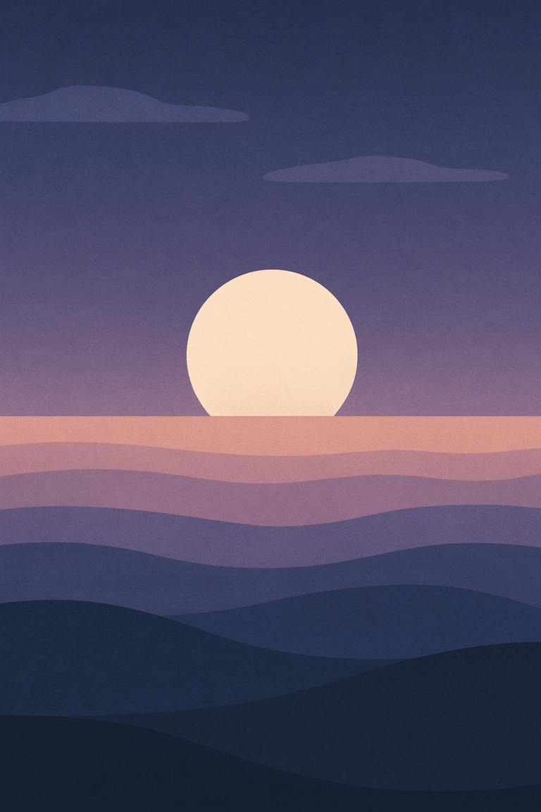 A stylised digital seascape showing the sun rising above a calm ocean horizon, with soft gold, coral, and cream tones evoking gentle awakening and renewal.