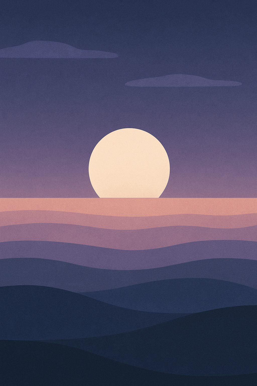 A stylised digital seascape showing the sun rising above a calm ocean horizon, with soft gold, coral, and cream tones evoking gentle awakening and renewal.