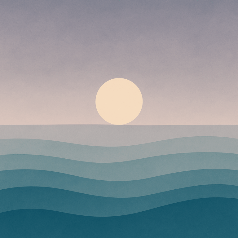 Abstract image of a pale sun or moon rising over layered blue-green waves beneath a soft purple-grey sky. Symbolises quiet beginnings, reflection, and ongoing personal growth.