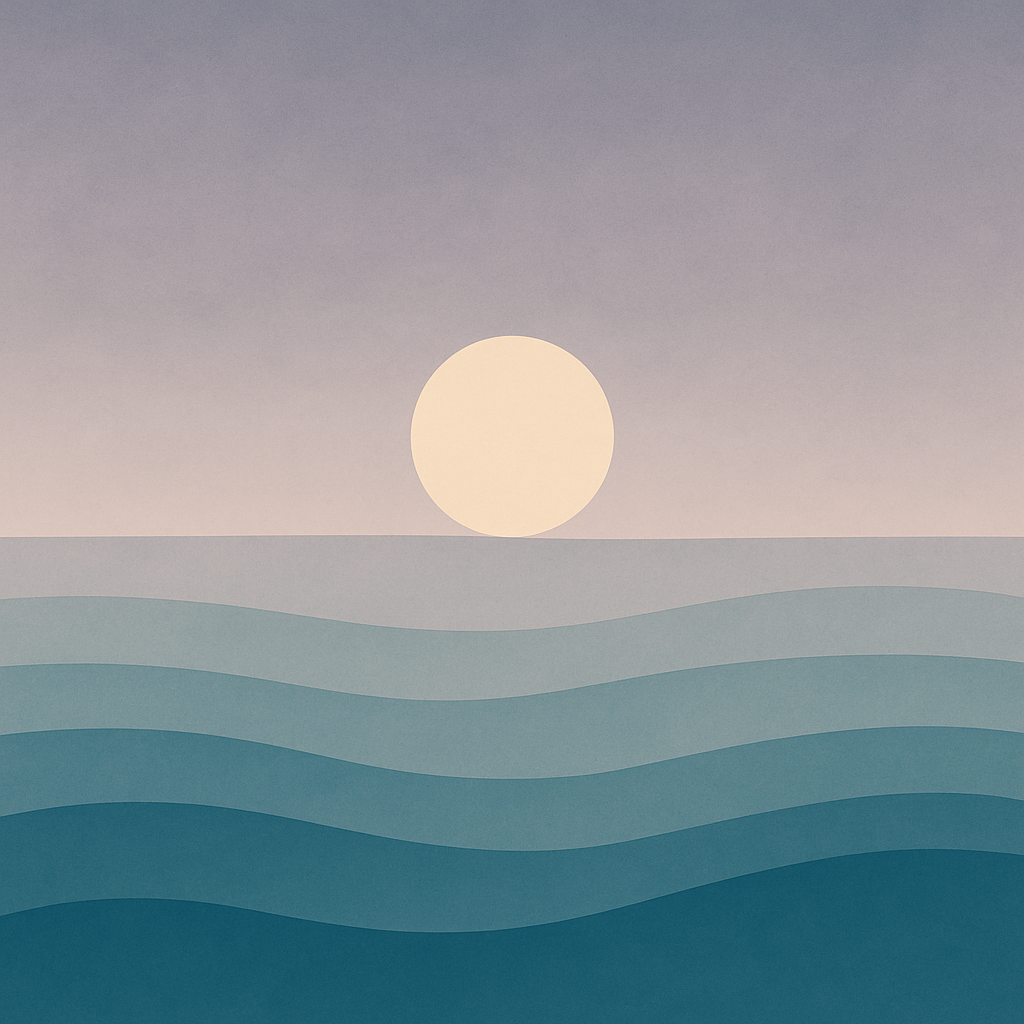 Abstract image of a pale sun or moon rising over layered blue-green waves beneath a soft purple-grey sky. Symbolises quiet beginnings, reflection, and ongoing personal growth.