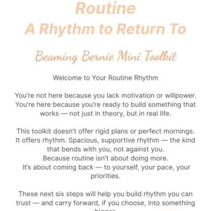 Title page of the Routine Mini Toolkit from Beaming Bernie, with the tagline “A Rhythm to Return To” and a welcome message about creating flexible, supportive routines that fit real life.