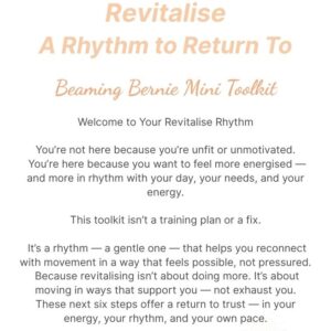 Title page of the Revitalise Mini Toolkit from Beaming Bernie, featuring the phrase “A Rhythm to Return To” and a welcome message about reconnecting with energy and movement in a gentle, supportive way.