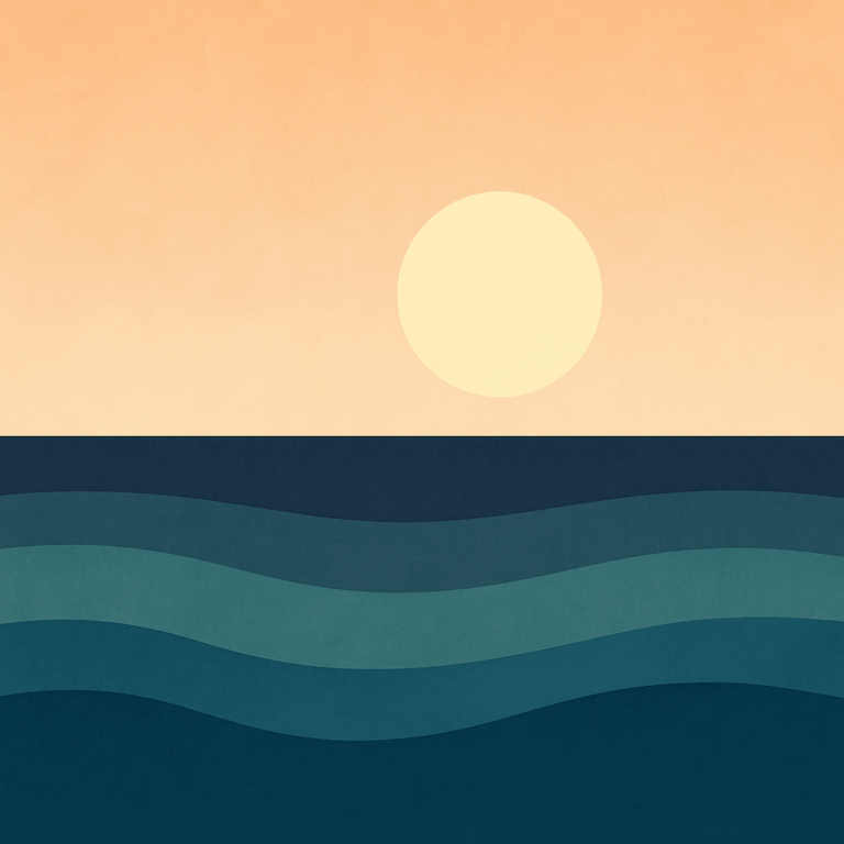 Minimalist illustration of a large pale sun setting over a layered teal ocean, with soft waves beneath a warm twilight sky — evoking steady rhythm, emotional ebb and flow, and the beauty of gentle transitions.