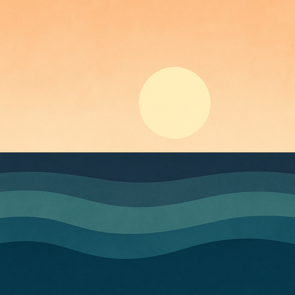 Minimalist illustration of a large pale sun setting over a layered teal ocean, with soft waves beneath a warm twilight sky — evoking steady rhythm, emotional ebb and flow, and the beauty of gentle transitions.