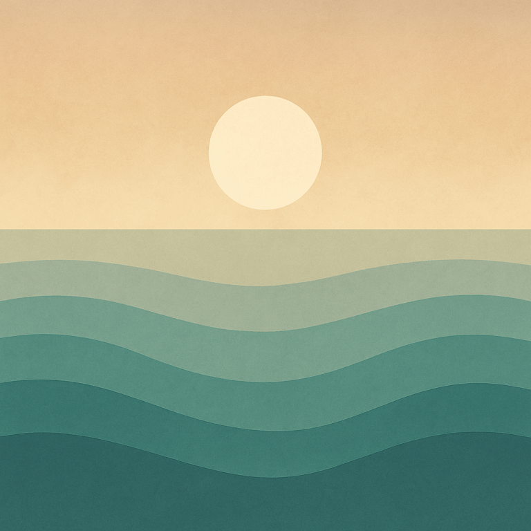 Abstract ocean waves and sunrise illustration representing emotional reset and clarity. Used in a blog about self-talk, reinvention, and the power of reset phrases, aligned to the Beaming Bernie philosophy.