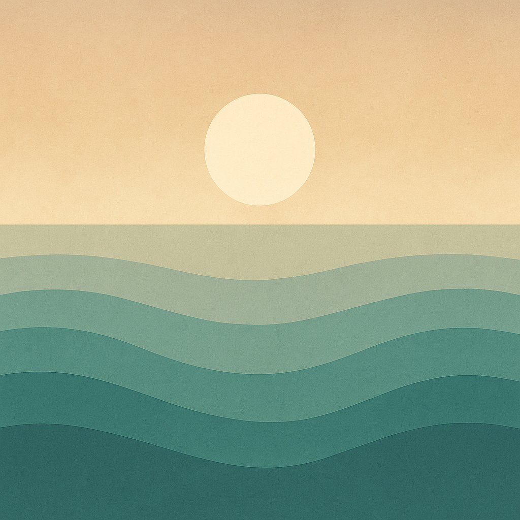 Abstract ocean waves and sunrise illustration representing emotional reset and clarity. Used in a blog about self-talk, reinvention, and the power of reset phrases, aligned to the Beaming Bernie philosophy.
