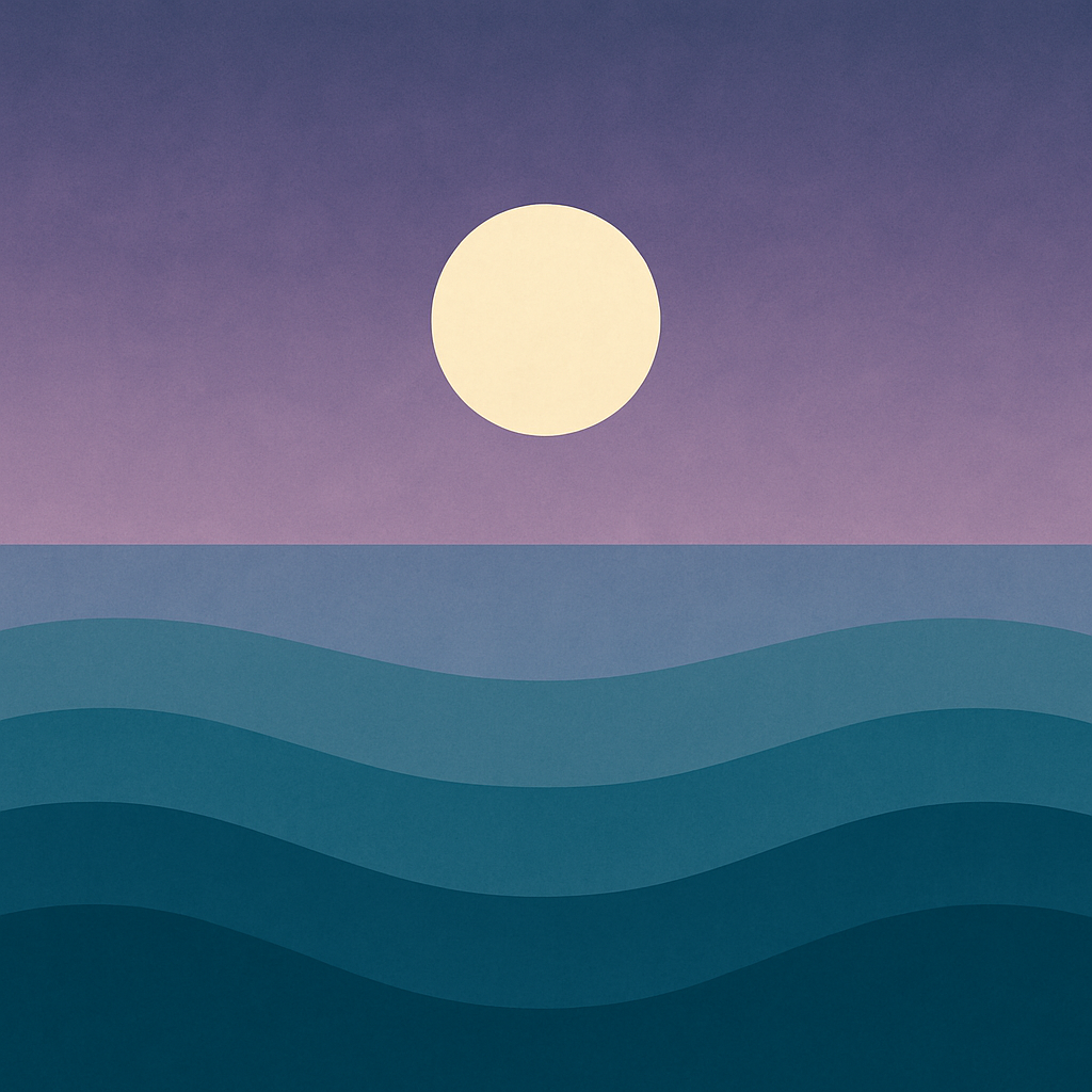 Stylised waves beneath a setting sun and violet sky, representing change, uncertainty, and emotional recalibration when plans shift — part of a blog on the 6-Step Cycle and self-discovery by Beaming Bernie.