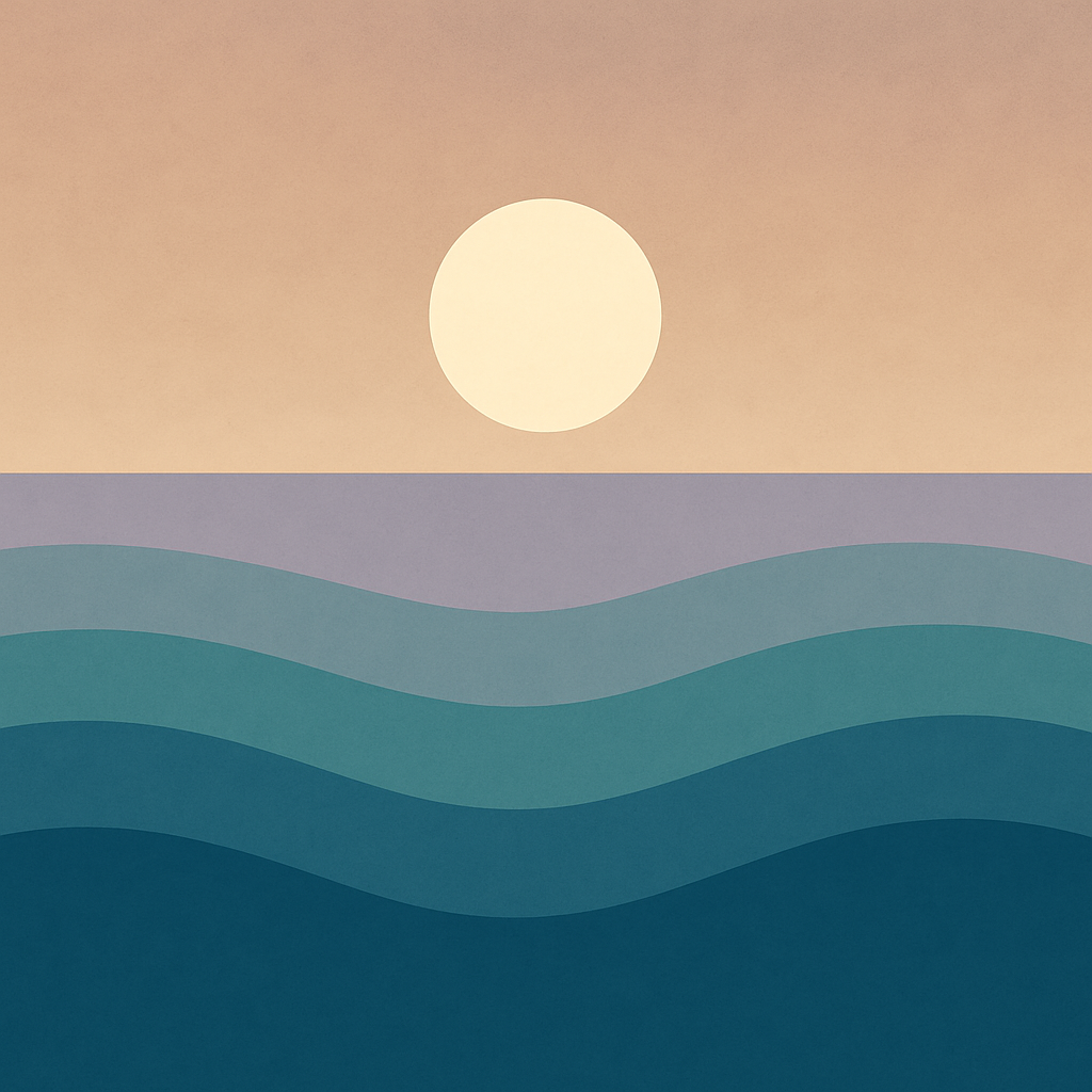 Soft abstract sunrise over layered ocean waves in calming tones, representing identity repair, emotional rhythm, and gentle self-recognition after change in line with the Beaming Bernie philosophy.