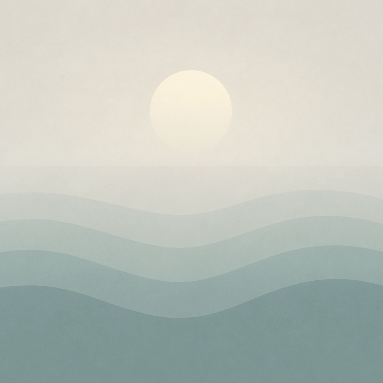 Minimalist ocean scene with soft waves and a pale rising sun, symbolising mental fog, stillness, and emotional recalibration during times of significant change.