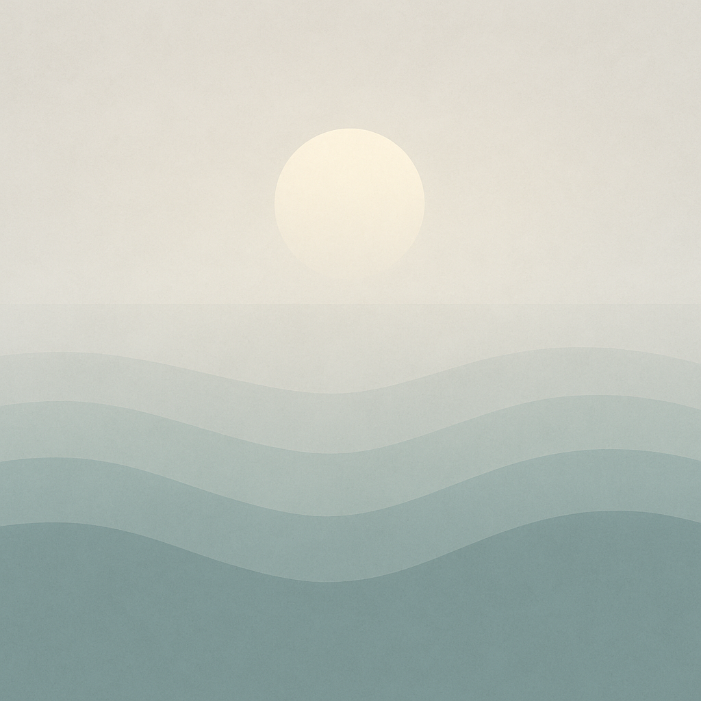 Minimalist ocean scene with soft waves and a pale rising sun, symbolising mental fog, stillness, and emotional recalibration during times of significant change.