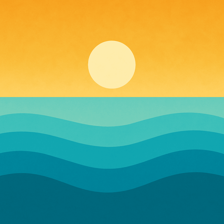 Bright abstract sunrise over layered teal ocean waves, symbolising steady transformation, connection, and the quiet evolution of self through love and partnership.