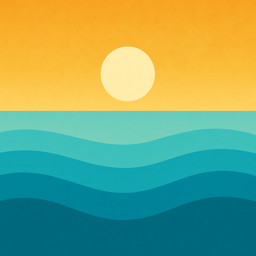 Bright abstract sunrise over layered teal ocean waves, symbolising steady transformation, connection, and the quiet evolution of self through love and partnership.