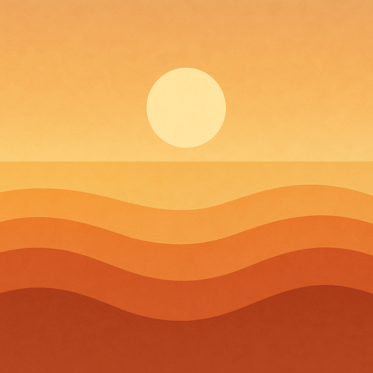 Abstract sunrise over layered orange-toned waves, symbolising renewal, momentum, and the quiet strength of starting small with intention.