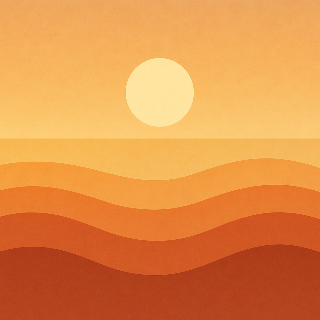 Abstract sunrise over layered orange-toned waves, symbolising renewal, momentum, and the quiet strength of starting small with intention.