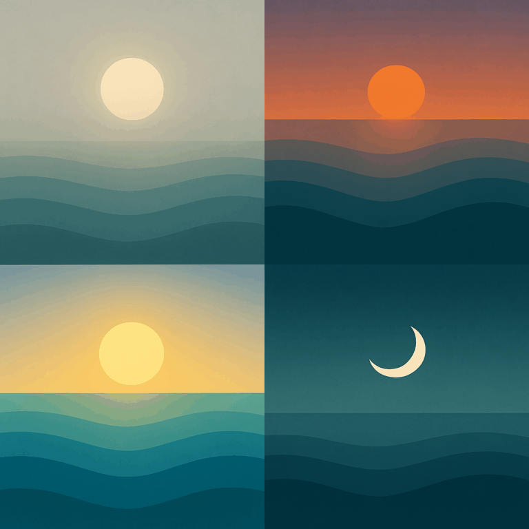 Four-part abstract seascape showing sunrise, daylight, sunset, and crescent moon phases over layered waves — symbolising a full rhythm cycle of change, reflection, and return.