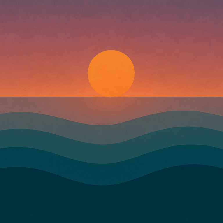 Abstract sunset over layered ocean waves in deep teal and violet tones, symbolising emotional return, gentle reconnection, and the power of being seen without needing to change.