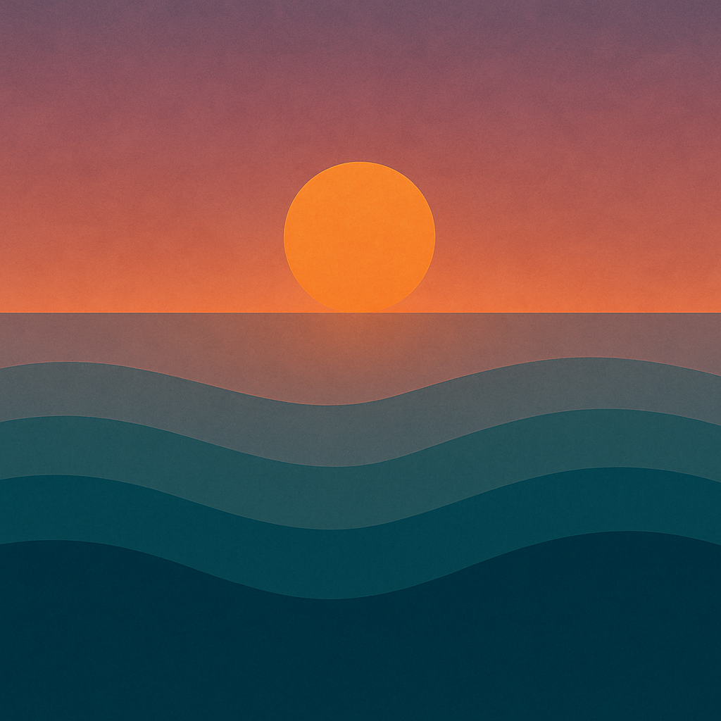 Abstract sunset over layered ocean waves in deep teal and violet tones, symbolising emotional return, gentle reconnection, and the power of being seen without needing to change.