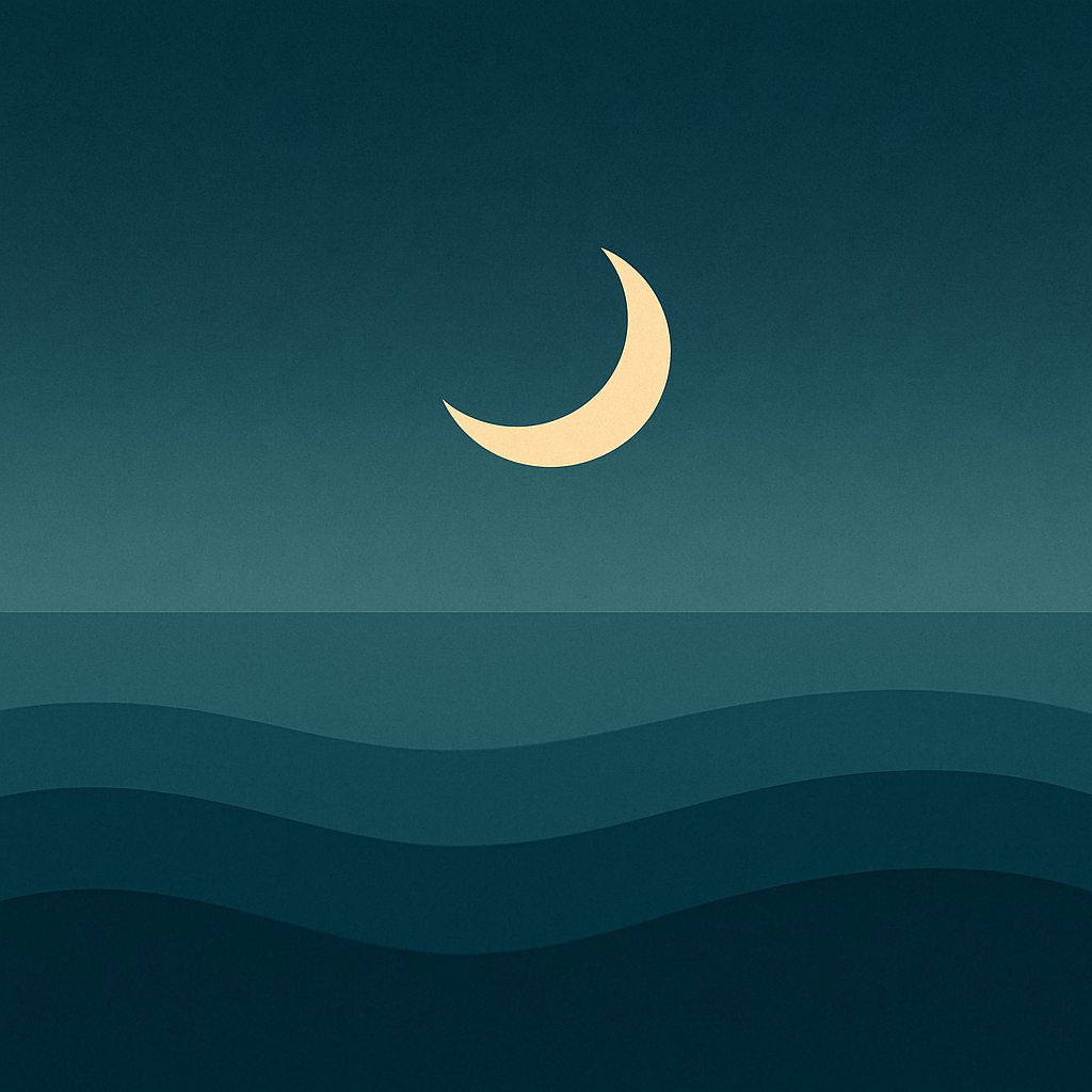 Crescent moon rising over layered dark ocean waves, symbolising calm after disruption, emotional self-trust, and the quiet return to rhythm after a day unravels.