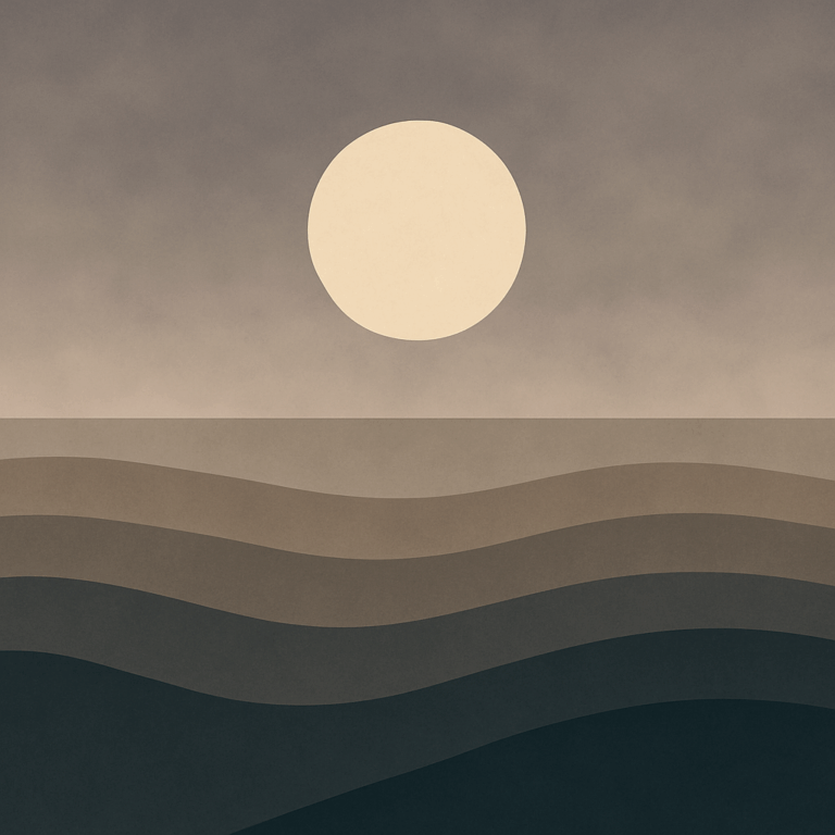 Minimalist digital artwork of a pale moon over layered dark waves under a soft grey-beige dusk sky. Symbolic of inner tension, resistance, and self-compassion through change.