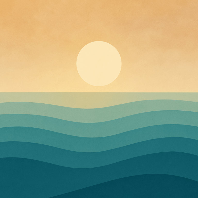 Abstract illustration of a soft golden sun rising over teal ocean waves. Pale, textured morning sky above curved wave layers. Symbolic of gentle momentum and micro-shifts.