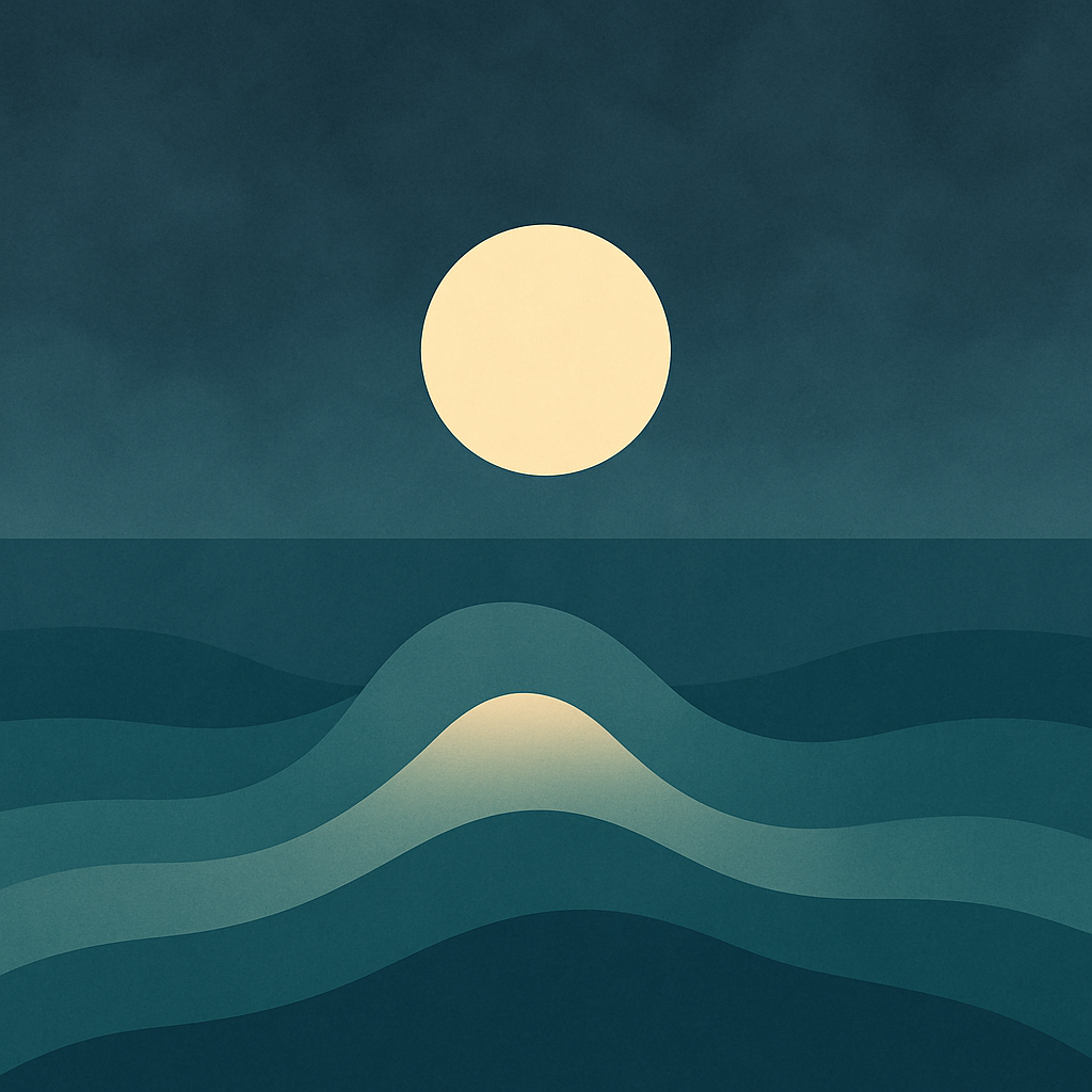 Minimalist artwork of a pale moon above deep teal waves under a twilight sky. Layered wave forms and soft gradients reflect quiet consistency and gentle recalibration.