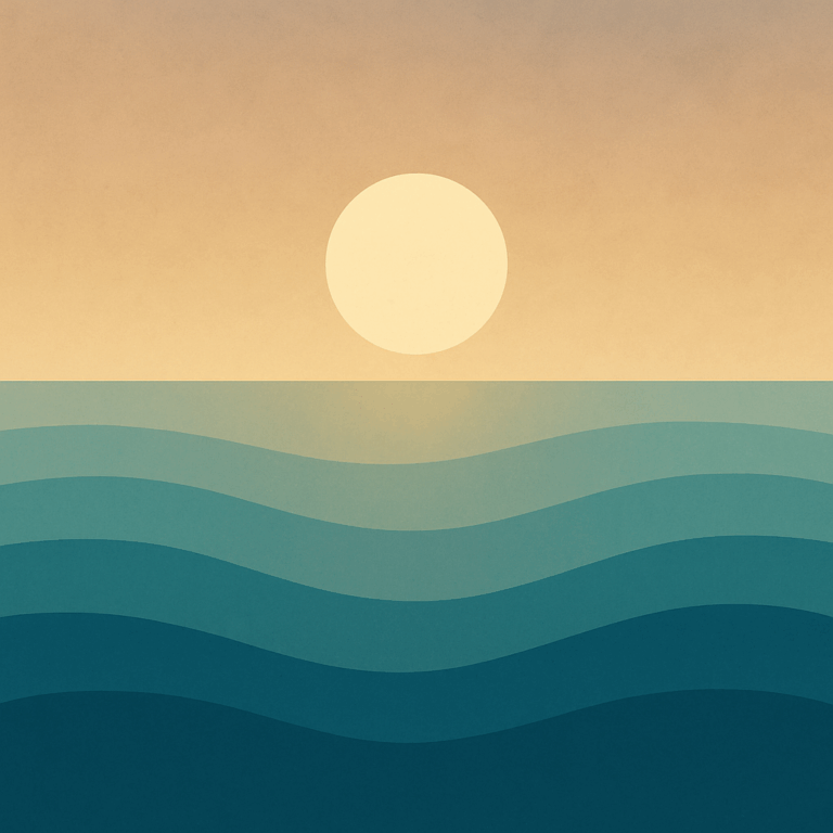 Abstract digital image of a pale golden sun setting over dark teal-blue ocean waves beneath a soft purple-grey sky. Symbolic of quiet transition, rest, and sustainable momentum.