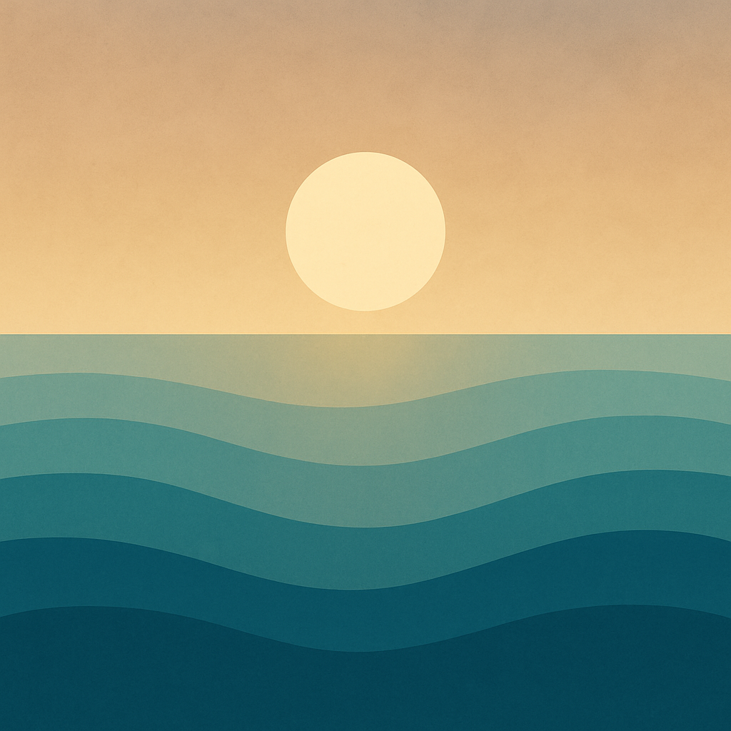 Abstract digital image of a pale golden sun setting over dark teal-blue ocean waves beneath a soft purple-grey sky. Symbolic of quiet transition, rest, and sustainable momentum.