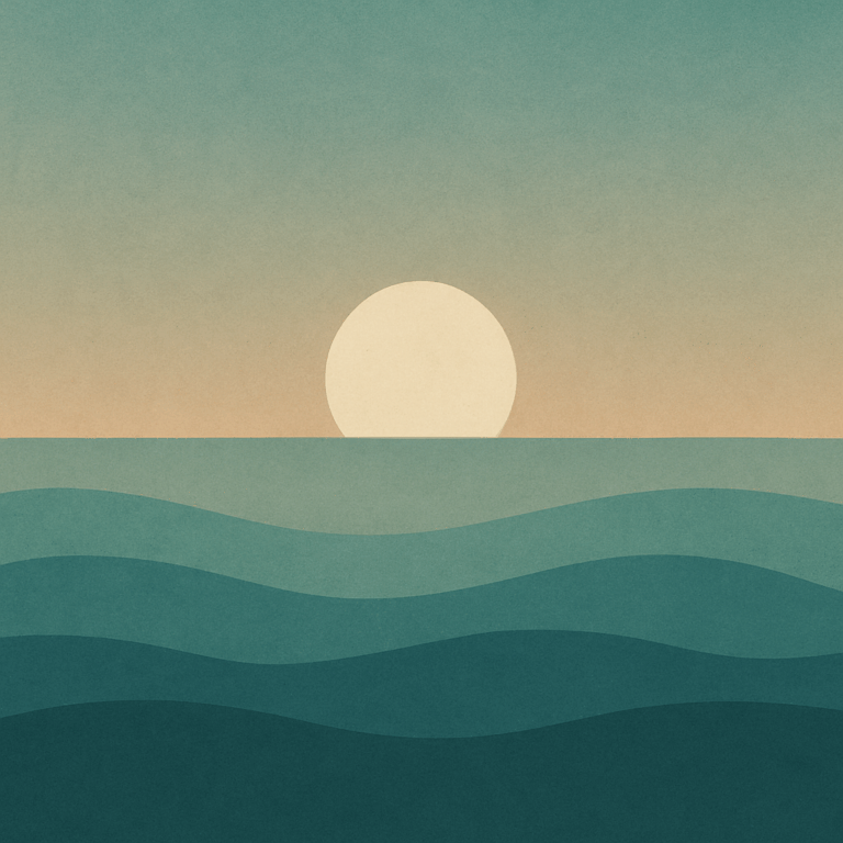 Beaming Bernie minimalist abstract illustration of a pale moon glowing above layered purple and blue waves.