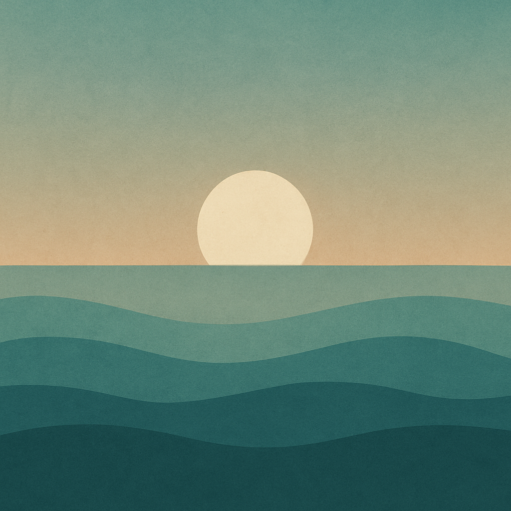 Beaming Bernie minimalist abstract illustration of a pale moon glowing above layered purple and blue waves.