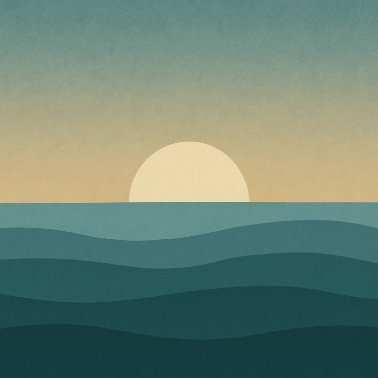 Beaming Bernie minimalist abstract illustration of a pale sun rising at dawn above teal waves, with a coral-to-teal gradient sky.
